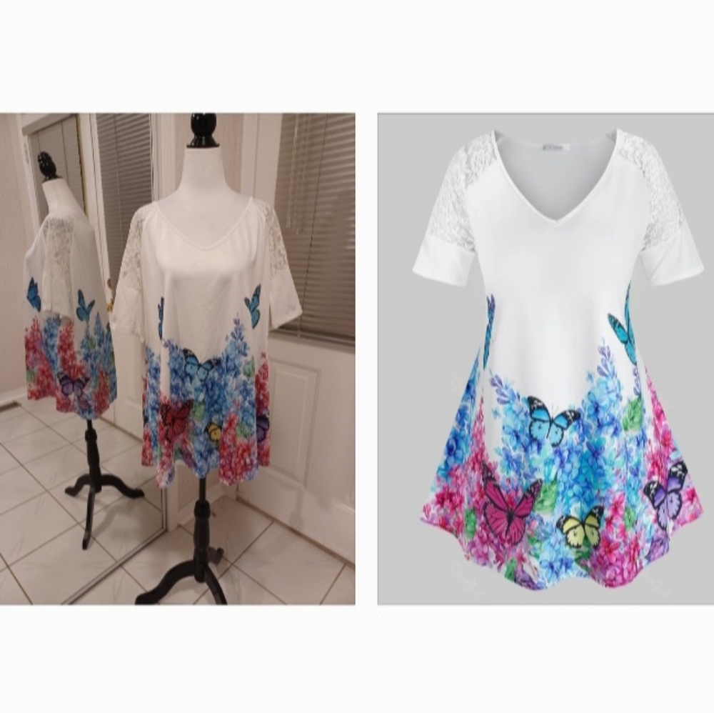 White Lace Butterfly Floral Tunic - Size 2X (US18)